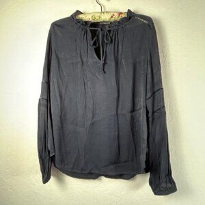 Maison Scotch Womens Viscose Tie-neck Ruffle Peasant Tunic Top Large Navy New